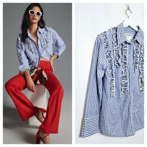 Maeve Anthropologie Blue White Stripe Ruffle Buttondown Shirt XS Long Sleeve Top